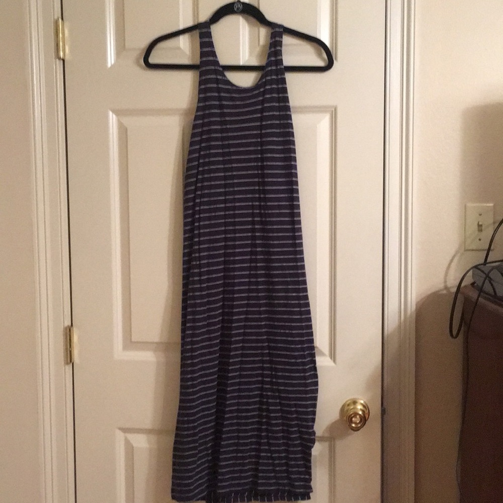 Navy and white striped midi dress
